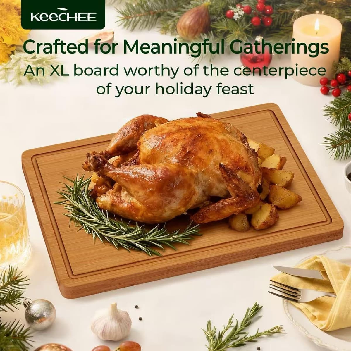 Keechee Extra Large Bamboo Cutting Board 18x12 Deep Carbonized 500°F