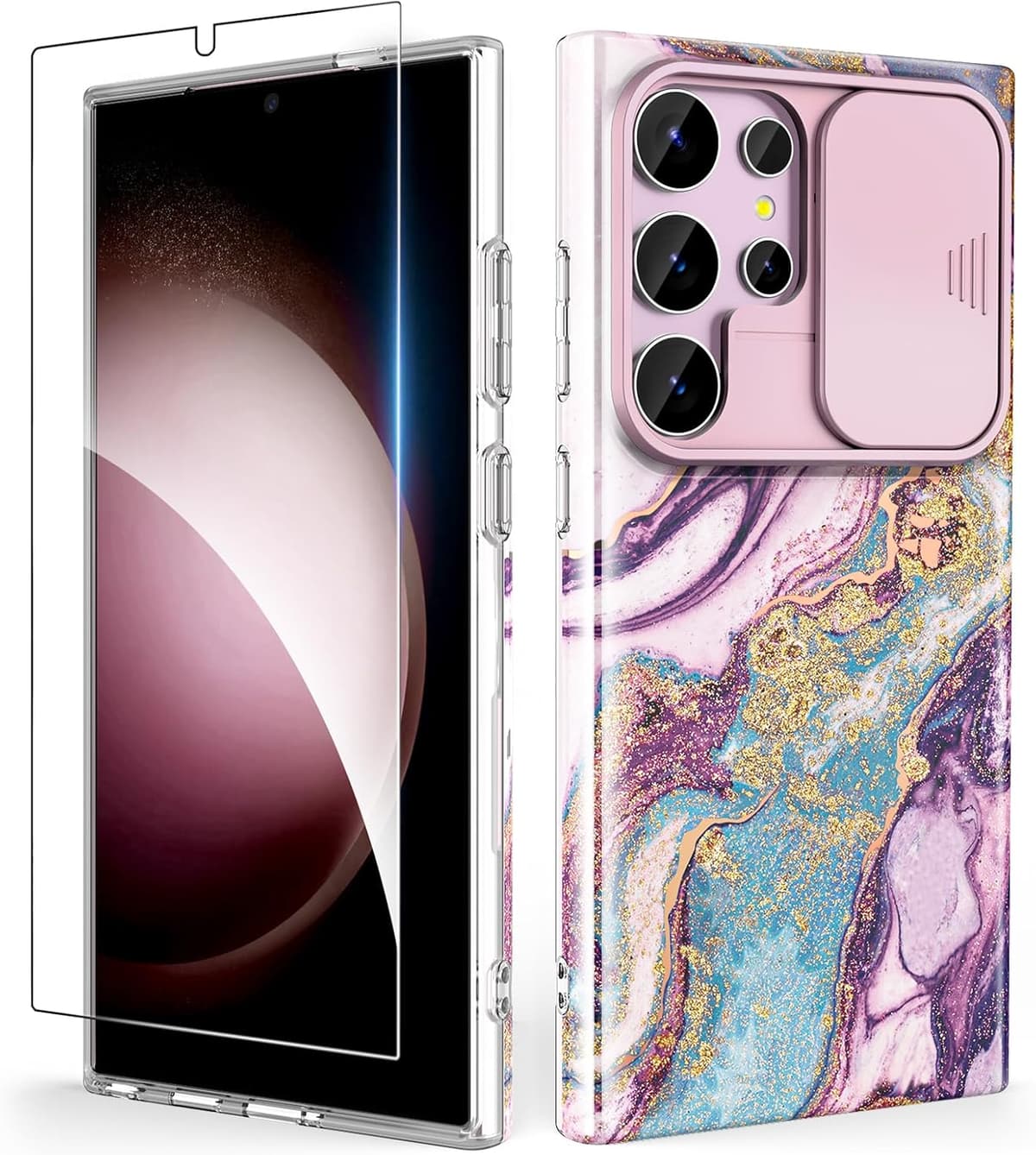 SHEDEER for Samsung Galaxy S24 Ultra Case with Slide Camera Cover & Screen Protector, Anti-Yellowing Chic Pattern Design, Shockproof Anti-Scratch Slim Thin Phone Cover S24 Ultra 6.8'', Dream Green