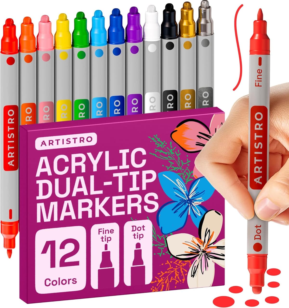 12 Acrylic Paint Markers for Rock, Fabric, Wood, Glass, Eggs - Dual-Tip Paint Pens for Coloring Books for Adults, Teens, Kids - Art & Craft Supplies - Gift Idea - Easter Basket Stuffers