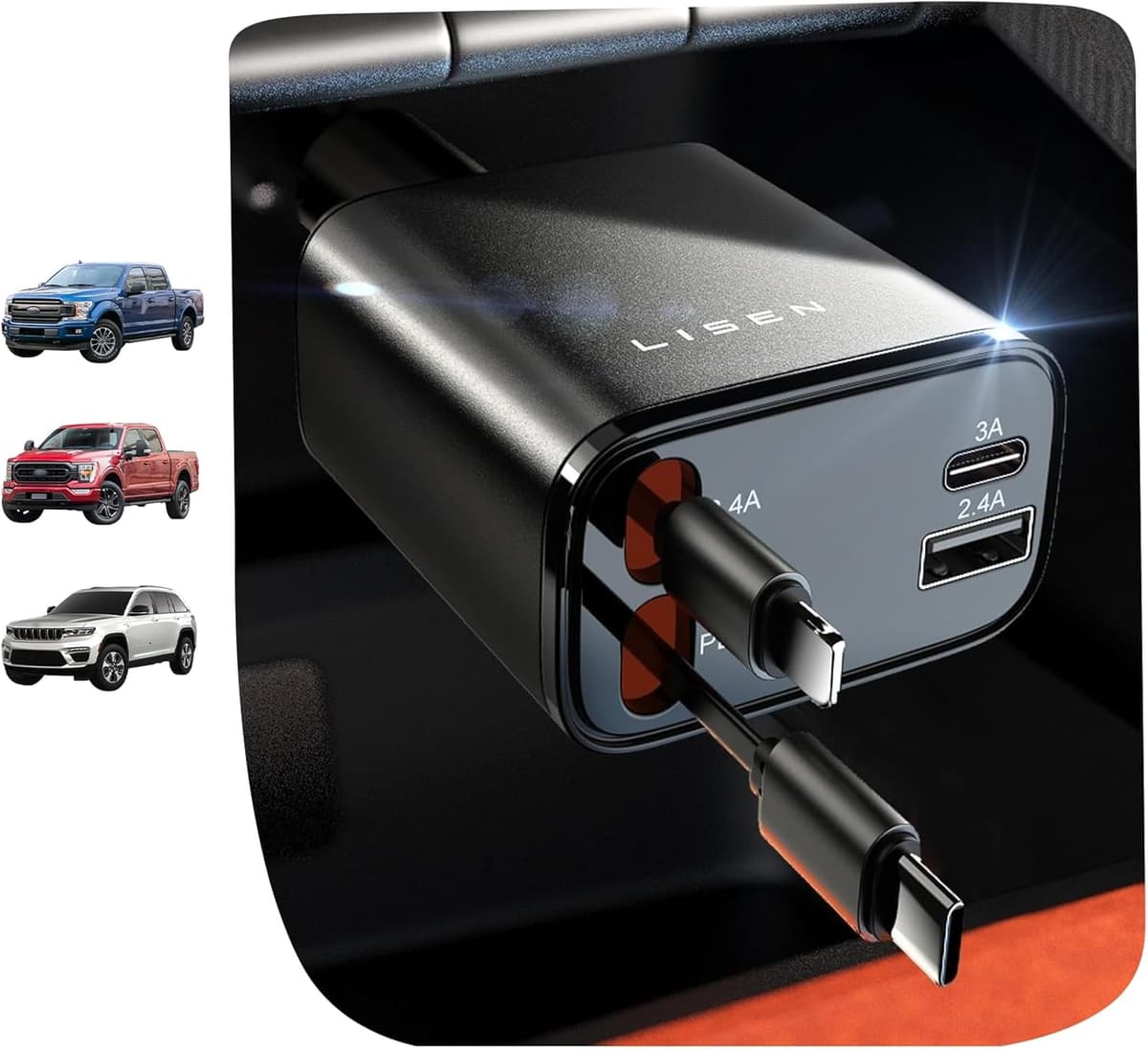 LISEN Retractable Car Charger 4 in 1 for Cars, 69W Retractable USB C Car Charger with 31.5in Cable, Fast Charging for iPhone 17 16 15 14 13 12 Pro Max Plus, Compact Cars Accessories for Daily Driving