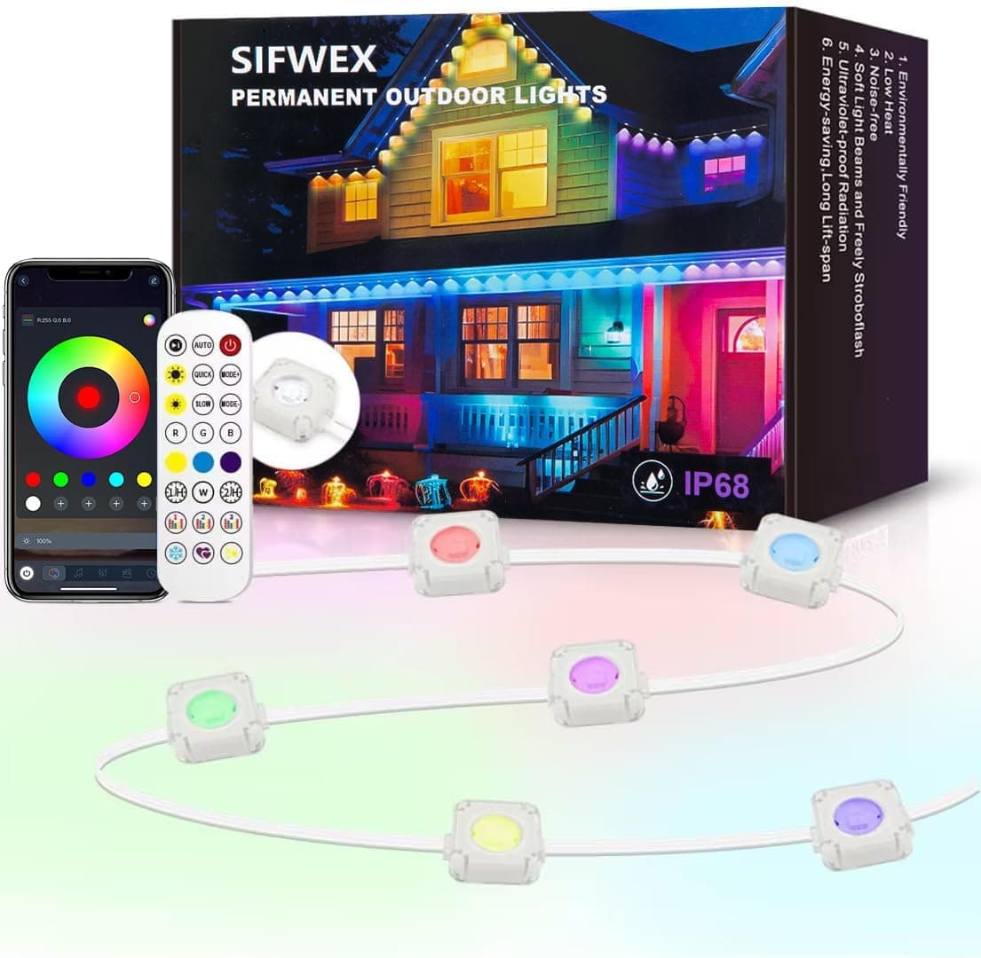 Permanent Outdoor Lights Pro - with Chasing Effect + App & Remote, RGB-IC Smart Eternity Eaves Lights IP68 Waterproof, Year-Round House Roof Outdoor Lighting, 30LEDs, 50ft