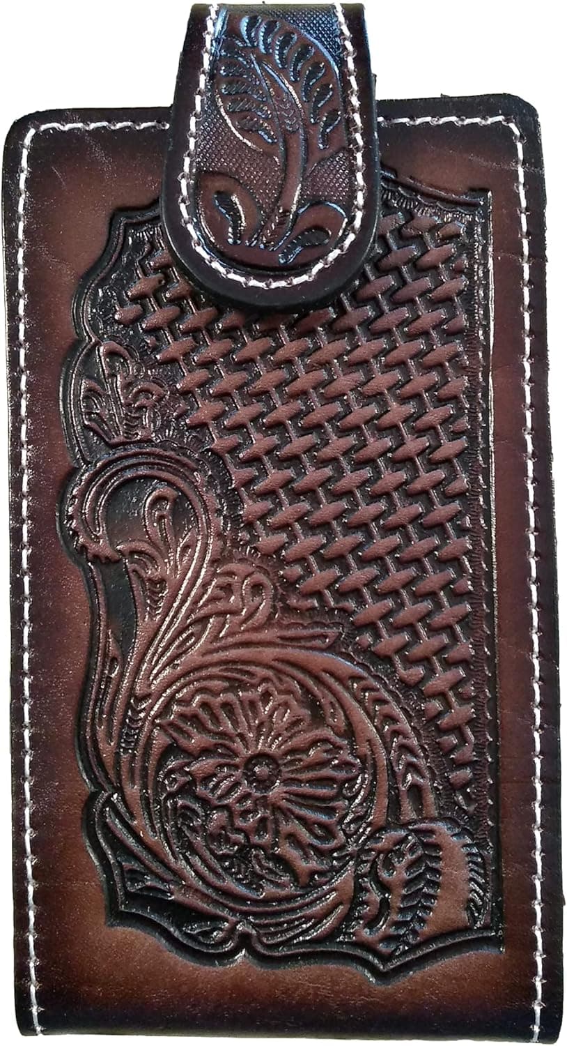 Western autentic Leather Mexican cel Phone case for Belt with Magnetic Closure. Universal Size (Brown)