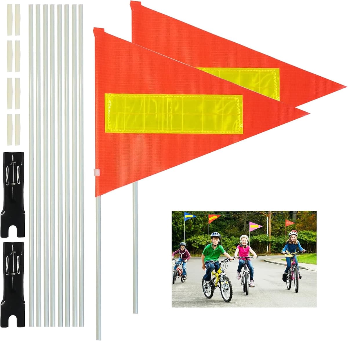 Bike Safety Flag with Pole 2 Sets, 6-Foot Adjustable Height Sturdy Fiberglass Tear-Resistant Waterproof Orange Safety Flag (Red Yellow and White)
