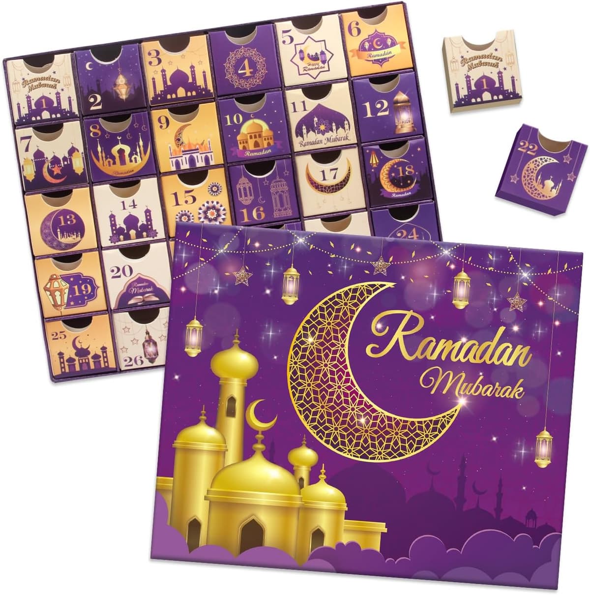 Ramadan Advent Calendar with Drawers, 30 Empty Boxes for 30 days, Eid Mubarak Coutdown Calendar Fillable Ramadan Gift, Islamic Art, Cardboard Number Storage Box, Ramazan Party Supplies - Purple