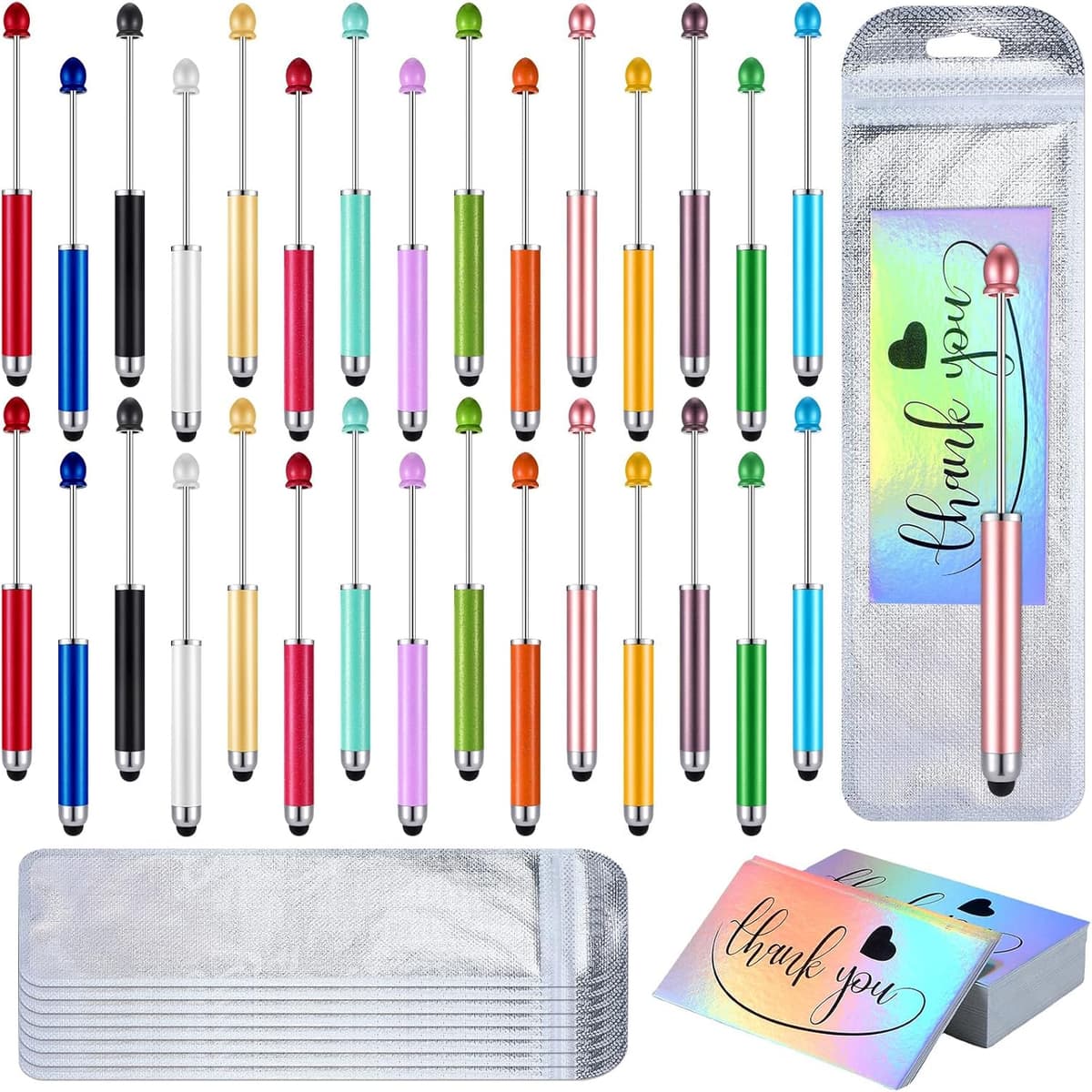 90 Pcs Beadable Pens Kit, Include 30 Pcs 2 in 1 Plastic Stylus Beadable Pens Foil Thank You Cards with 30 Resealable Packaging Bags for School Office Party Supply Gifts