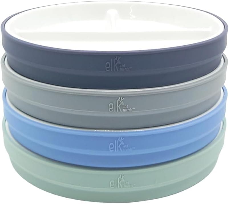 Elk and Friends Kids 7.8” Porcelain White Plates with Silicone Sleeves | Divided Plates | Suitable for Kids/Toddlers | Microwave & Dishwasher Safe | Non Slip | Snack Dishes
