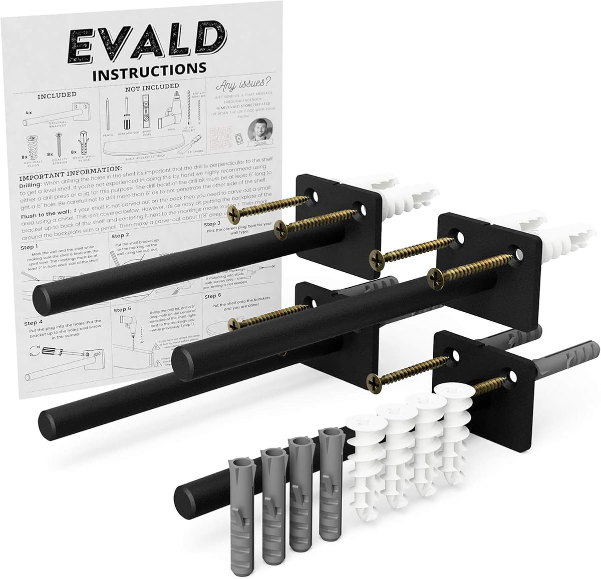 EVALD Standard Floating Shelf Bracket | 6-inch Brackets for Shelves with Anchors and Screws | Invisible Shelf Supports for Home and Office Decor | Suitable for Fireplace Various Wall Types (6 Inch)