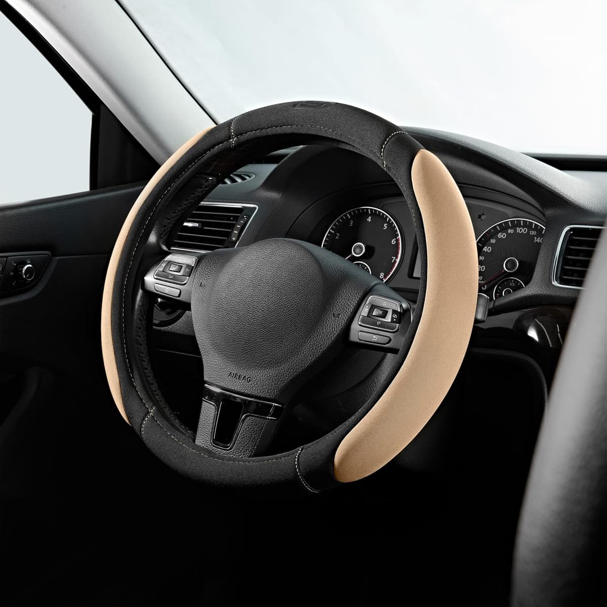 Skechers Steering Wheel Cover,Memory Foam Car Steering Wheel Cover,14.5-15inch Anti-Slip Safety Comfortable Desgin, Universal Accessory for Diverse Cars, Truck,SUV (Black & Beige)