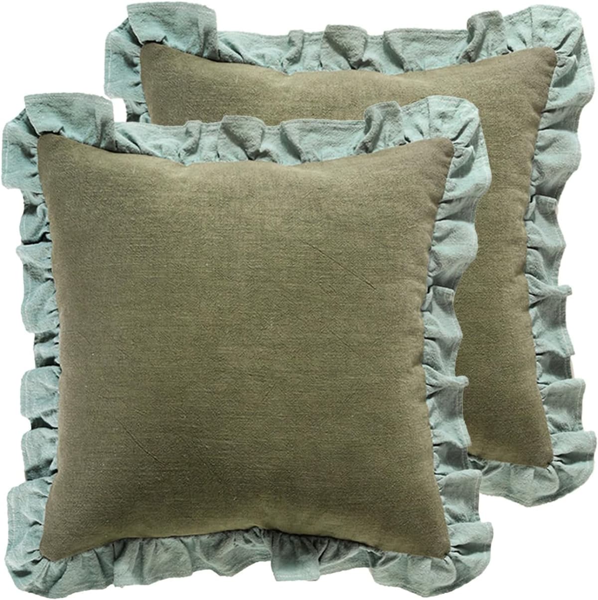 patdrea Green Shabby Chic Decorative Throw Pillow Covers 22x22 Set of 2,Farmhouse Linen Pillow Covers with Ruffles,Square Sturdy Throw Pillow Case for Couch Sofa Bed Living Room
