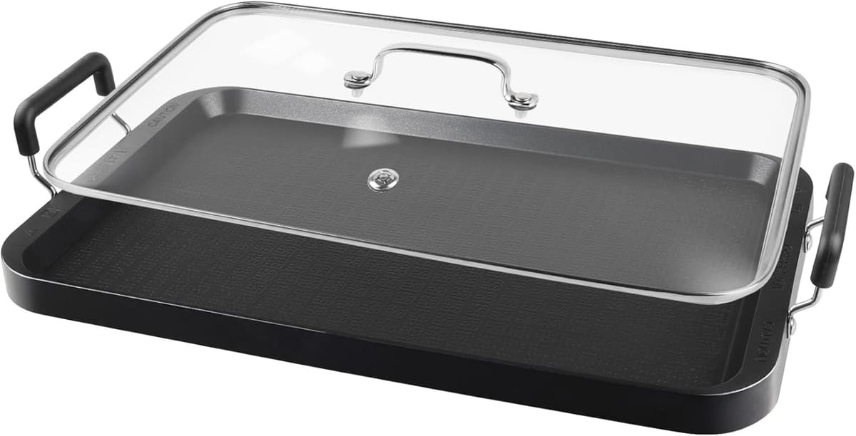 Vayepro 2-Burner Griddle Pan with Glass Lid - Nonstick Stovetop Griddle for Gas, Glass Stove Top - Aluminum Camping Grill Pan for Pancakes, Eggs, Breakfast