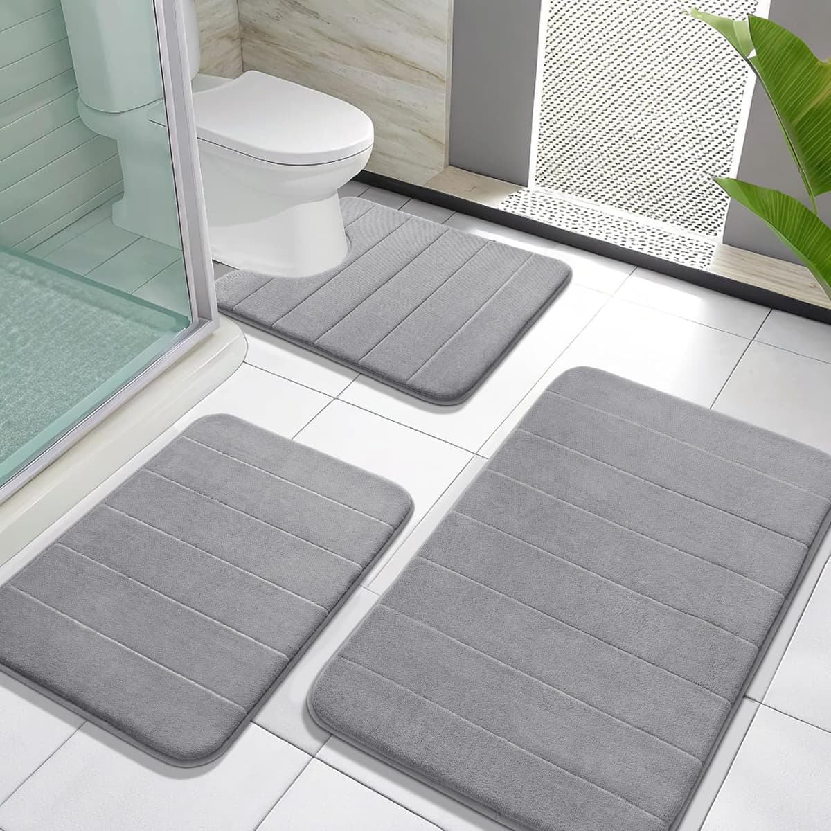 Yimobra Memory Foam Bath Mat Set 3 Pieces- Super Soft Absorbent Quick Dry Bathroom Rug Sets, Machine Washable Non Slip Floor Carpet for Tub Shower, Vanity & Toilet Base, Gray